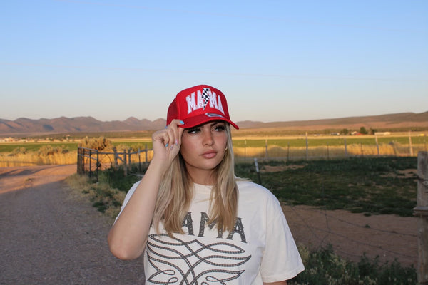 Red Mama Checkered Trucker Hat