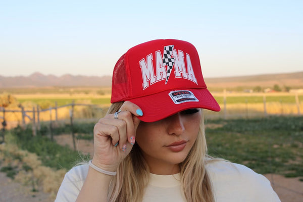 Red Mama Checkered Trucker Hat